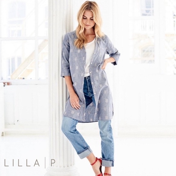 LILLA P Ikat Button Down Shirt Dress Blue Grey Size Small - Picture 2 of 9